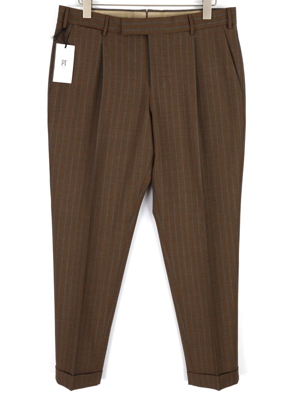 PT TORINO Rebel Fit Men's 52 W37 Brown Wool Fleece Pleated Pinstripe Trousers