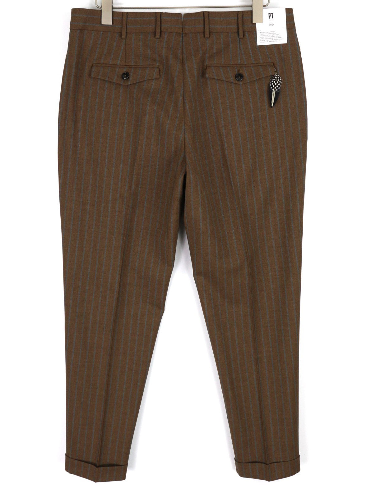 PT TORINO Rebel Fit Men's 52 W37 Brown Wool Fleece Pleated Pinstripe Trousers