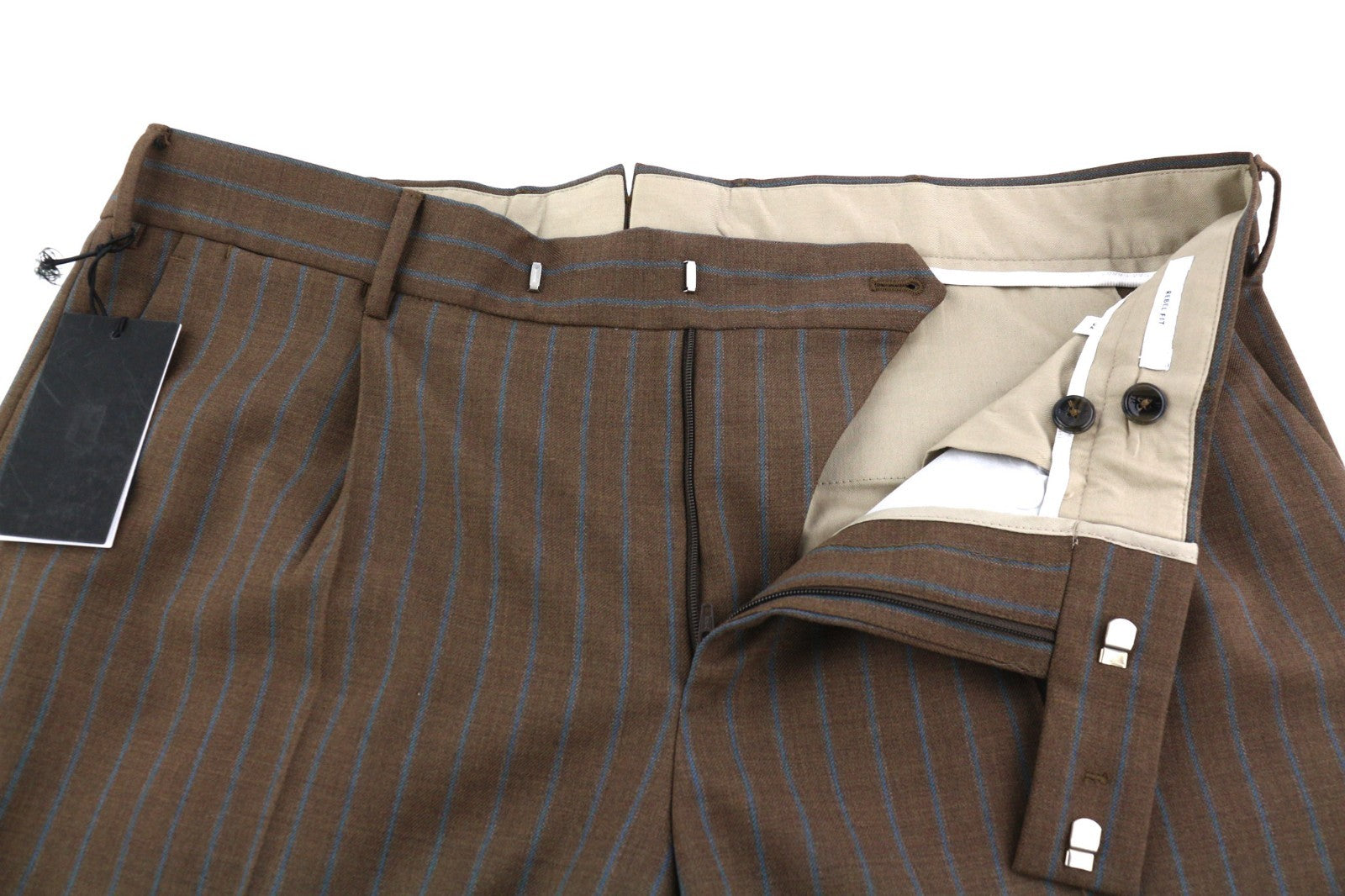 PT TORINO Rebel Fit Men's 52 W37 Brown Wool Fleece Pleated Pinstripe Trousers