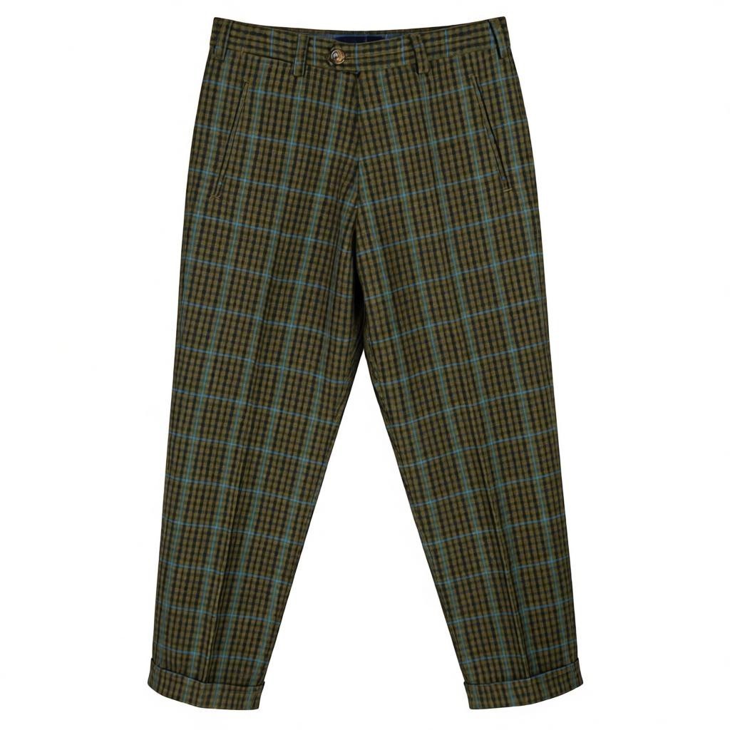 PT TORINO The Writer Men's W32 Wool Fleece Plaid Turn-Up Regular Fit Trousers