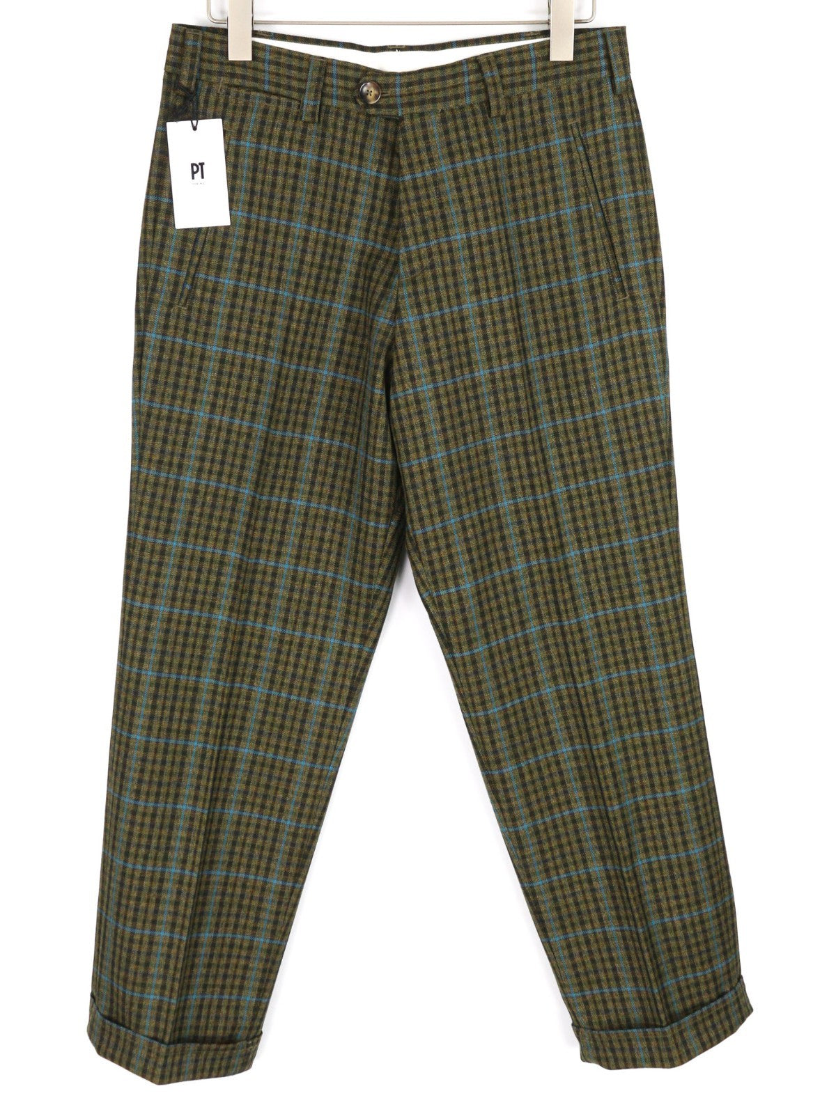 PT TORINO The Writer Men's W32 Wool Fleece Plaid Turn-Up Regular Fit Trousers