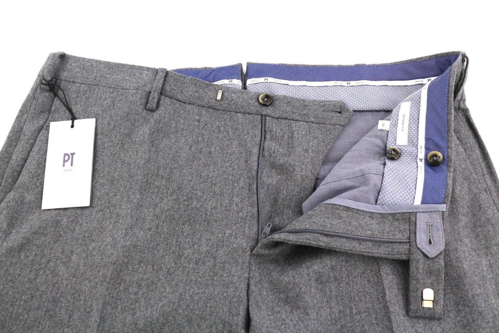 PT TORINO Skinny Fit Men's 54 W37 Grey Wool Fleece Blend Zipper Logo Trousers