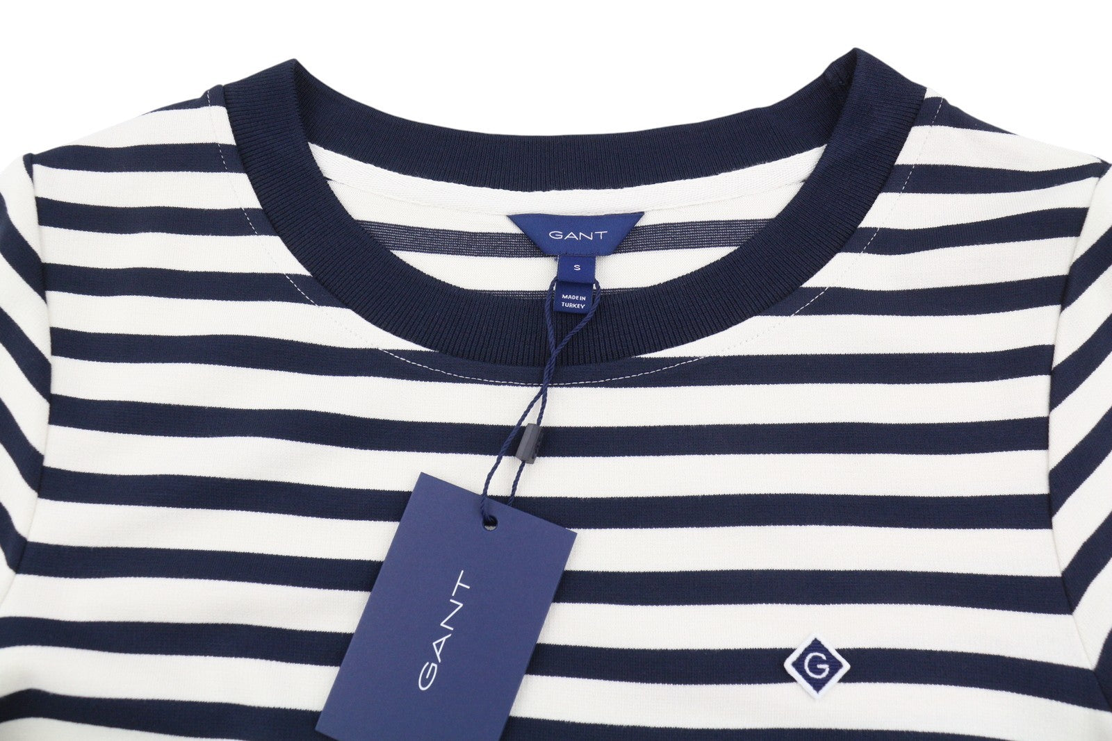 GANT Icon G Striped Jersey Women Dress S Evening Blue Crew Neck Short Sleeve