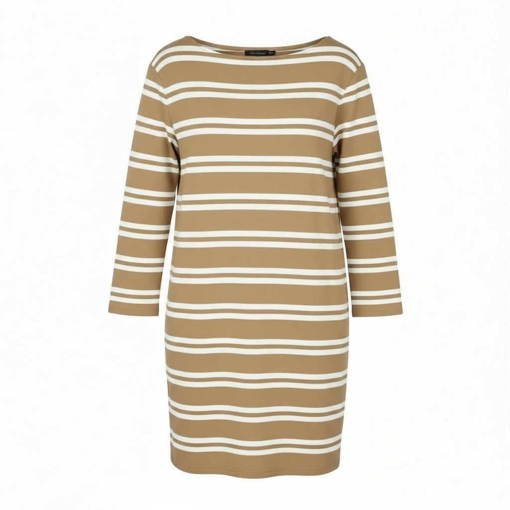 GANT Striped Women Dress L Warm Khaki Crew Neck Tricot Knee-Length Long Sleeve