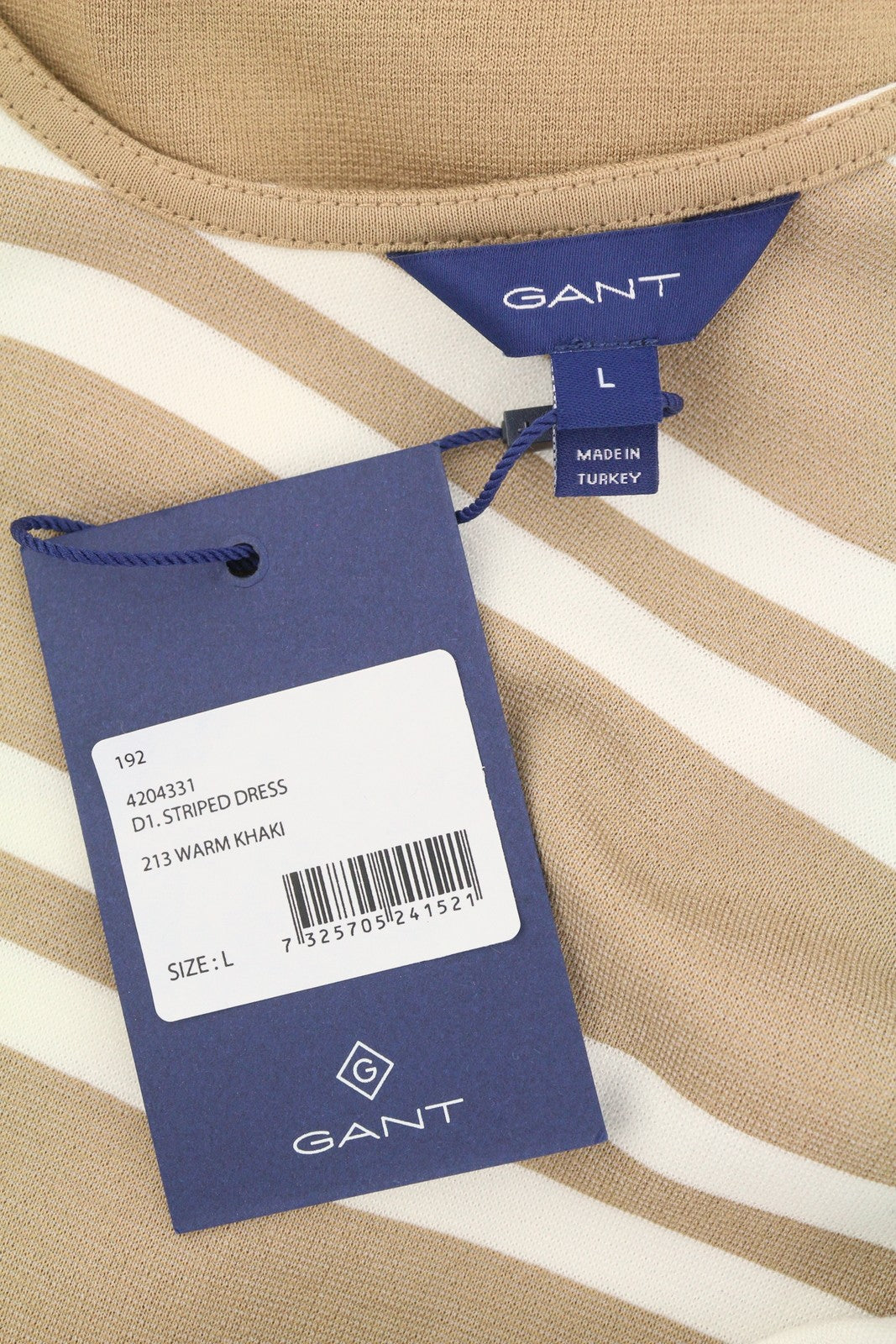 GANT Striped Women Dress L Warm Khaki Crew Neck Tricot Knee-Length Long Sleeve