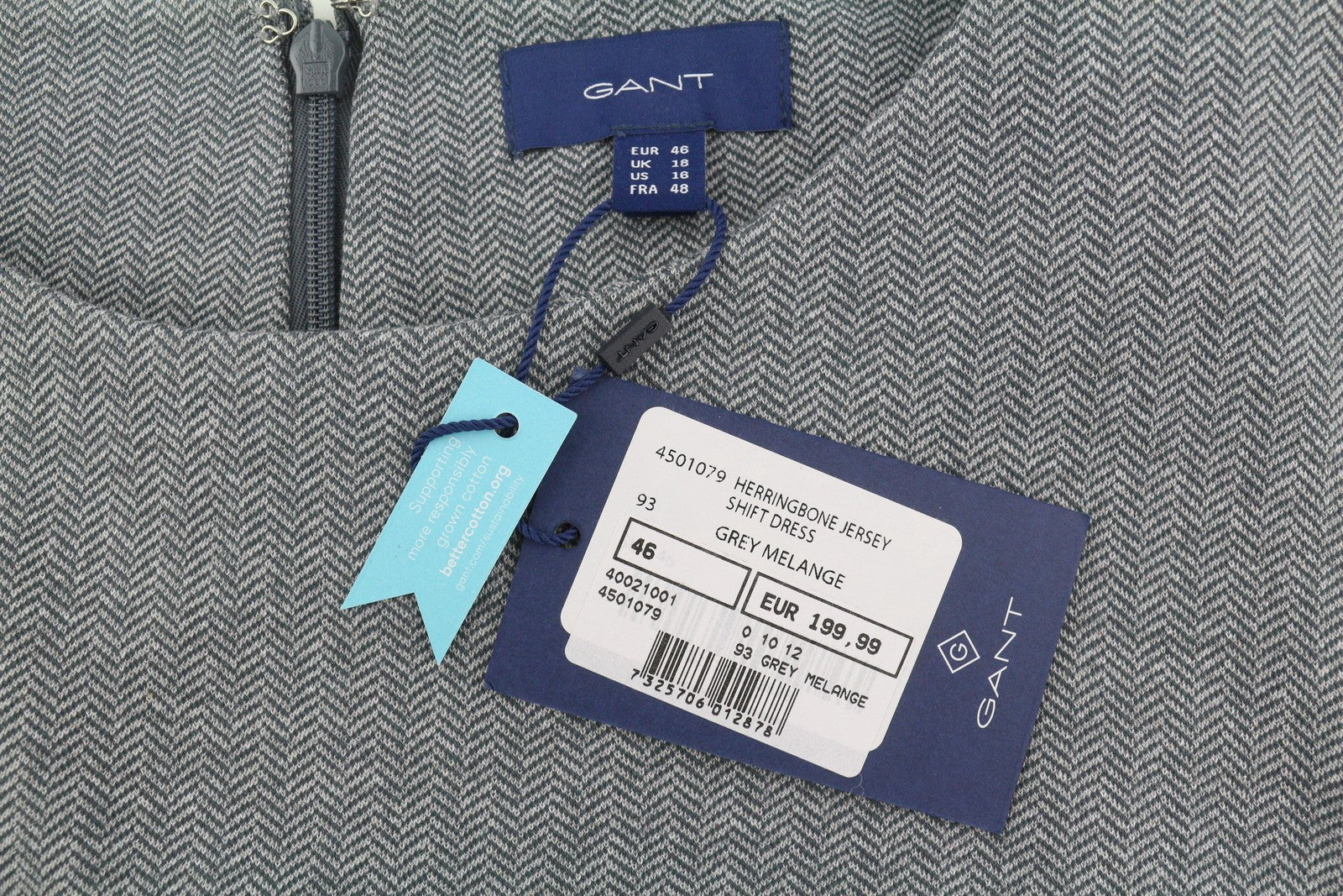 GANT Herringbone Jersey Shift Women Dress EU46 Grey Melange Pockets 3/4 Sleeve