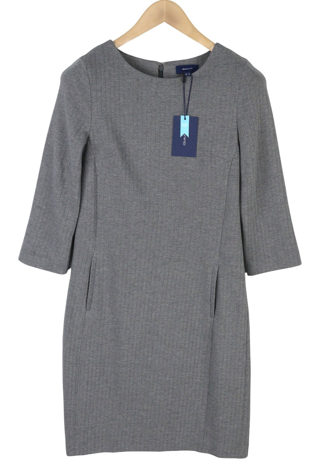 GANT Herringbone Jersey Shift Women Dress EU46 Grey Melange Pockets 3/4 Sleeve