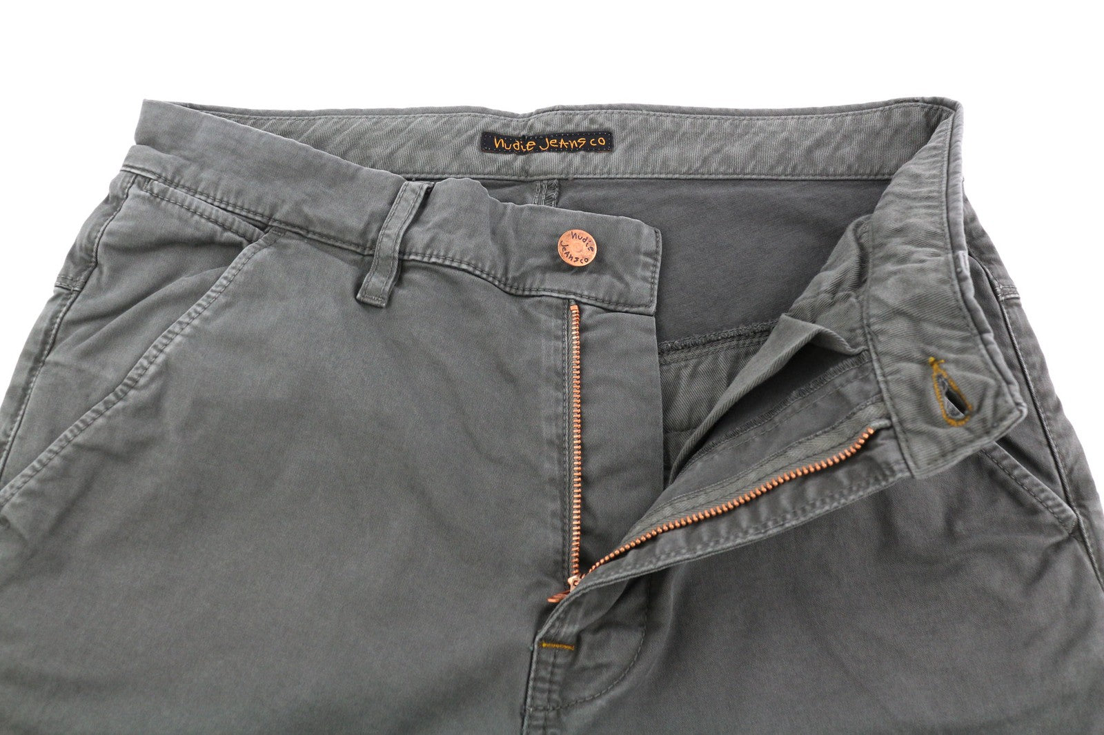 NUDIE JEANS Khaki Slim Men's W29/L32 Shadow Wash Organic Zipper Chino Trousers