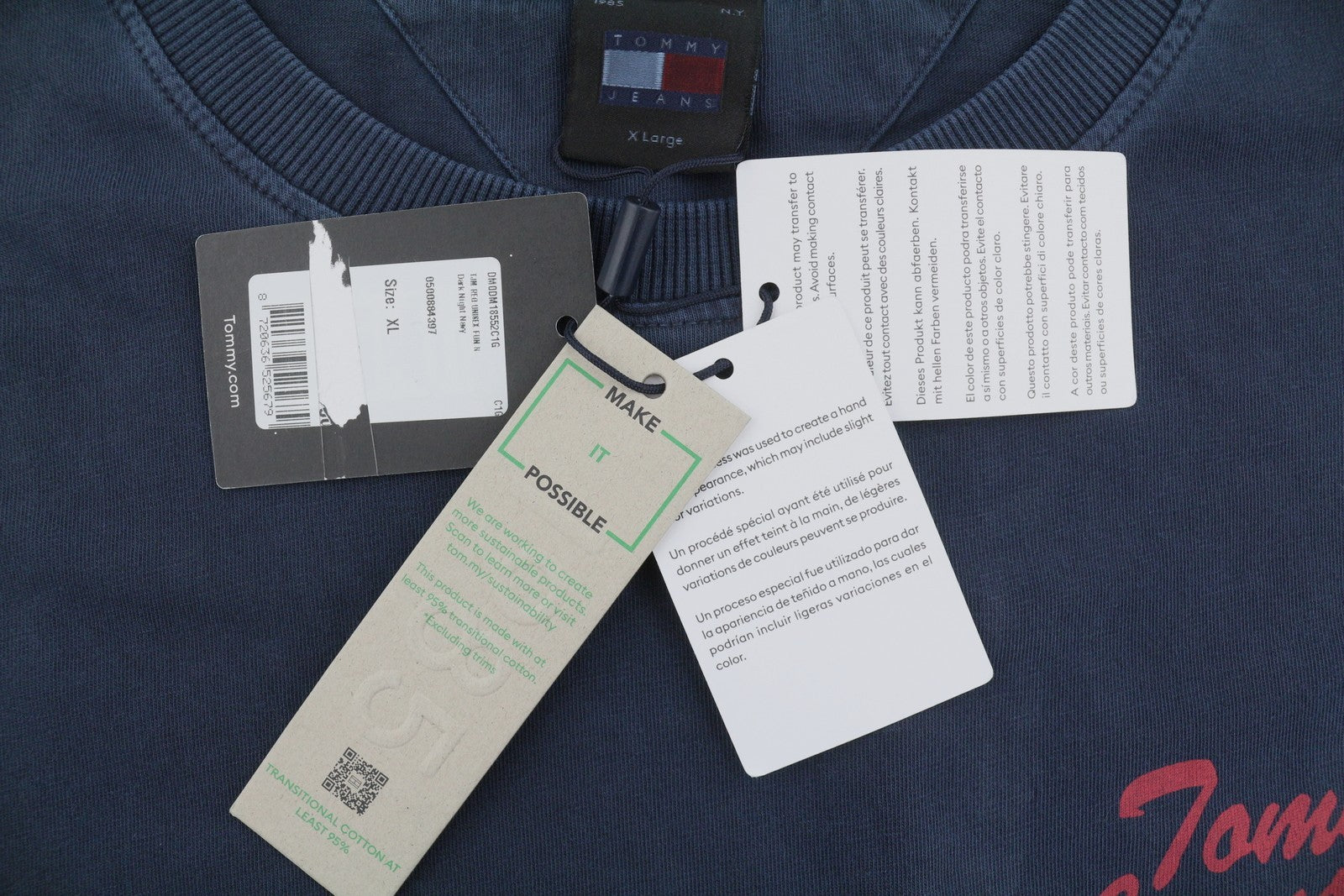 TOMMY HILFIGER Men T-Shirt XL Dark Blue Crew Neck Tricot Logo Short Sleeve