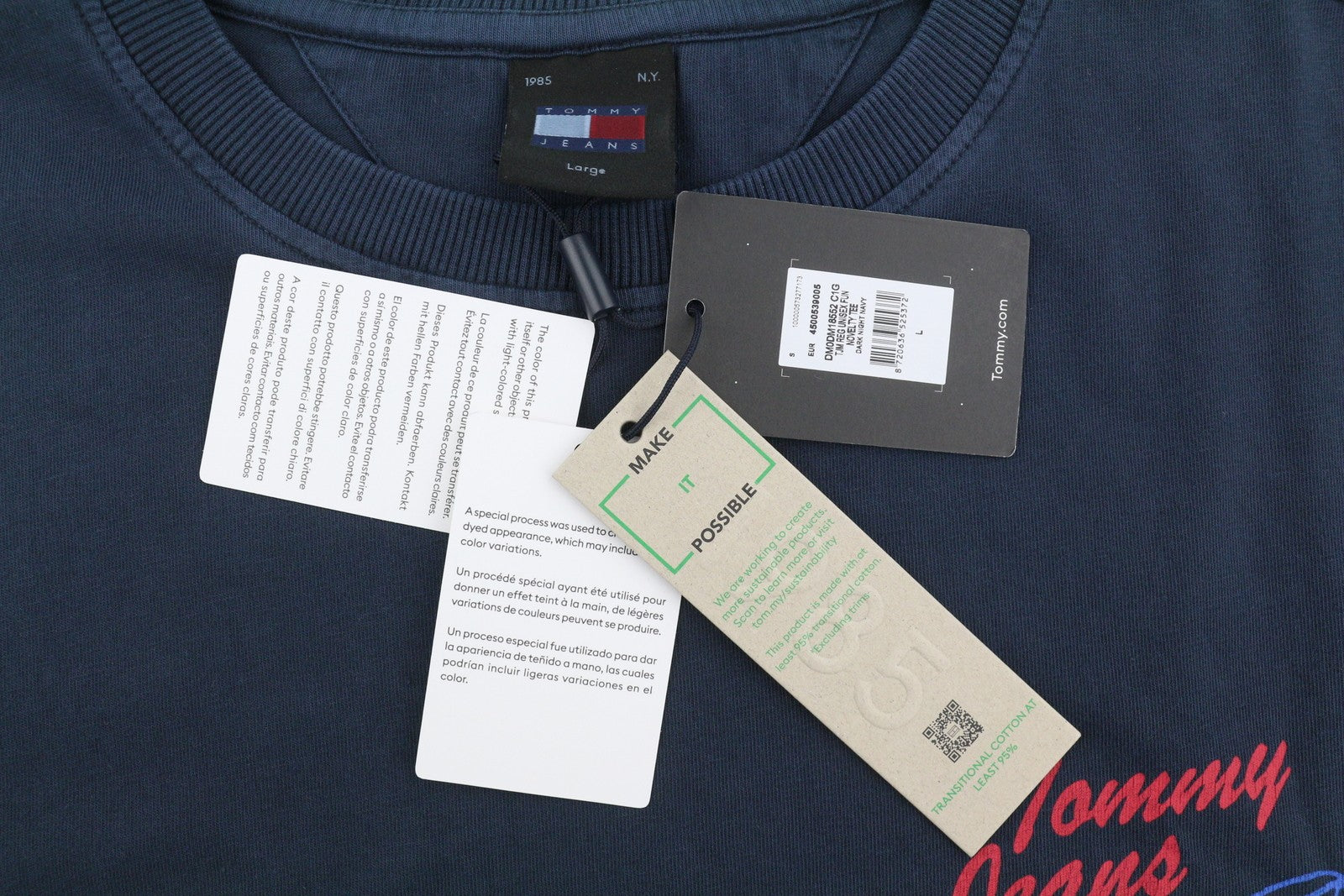 TOMMY HILFIGER Men T-Shirt L Dark Blue Crew Neck Tricot Logo Short Sleeve