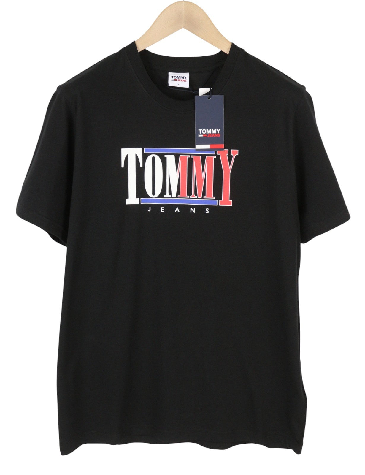 TOMMY HILFIGER Men T-Shirt L Black Crew Neck Tricot Front Logo Short Sleeve