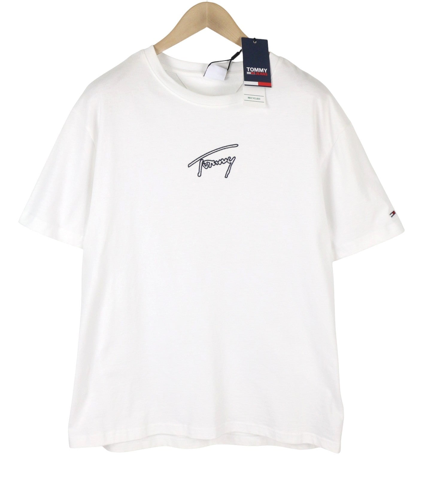 TOMMY HILFIGER Men T-Shirt XL White Crew Neck Front Logo Tricot Short Sleeve