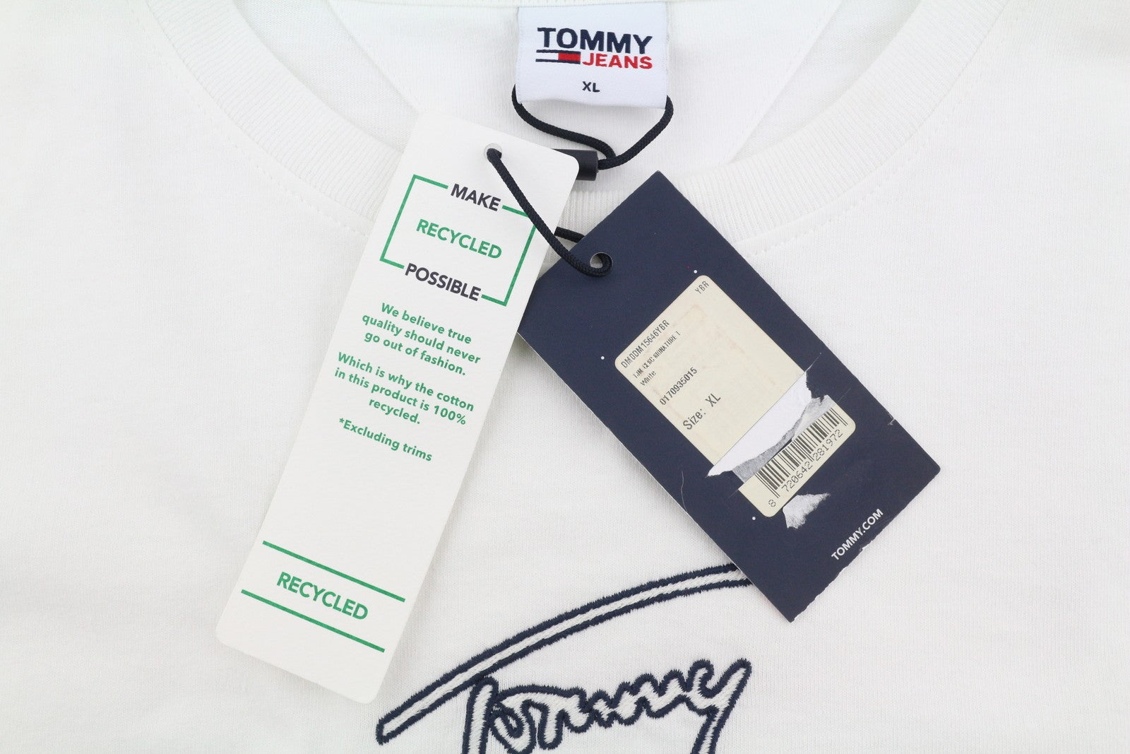 TOMMY HILFIGER Men T-Shirt XL White Crew Neck Front Logo Tricot Short Sleeve