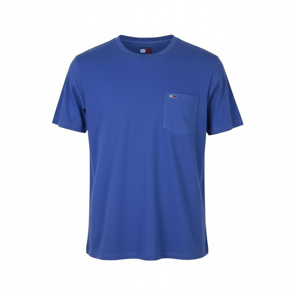 TOMMY HILFIGER Slim Washed Pocx Men T-Shirt L Blue Crew Neck Tricot Short Sleeve