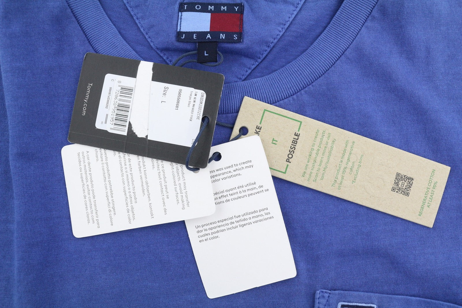 TOMMY HILFIGER Slim Washed Pocx Men T-Shirt L Blue Crew Neck Tricot Short Sleeve