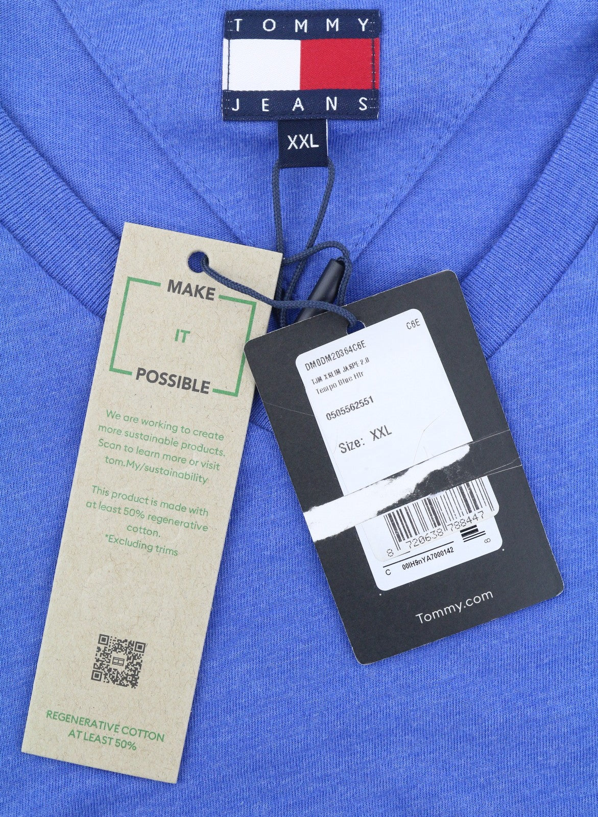 TOMMY HILFIGER Slim Jaspe Men T-Shirt 2XL Blue Melange V-Neck Short Sleeve