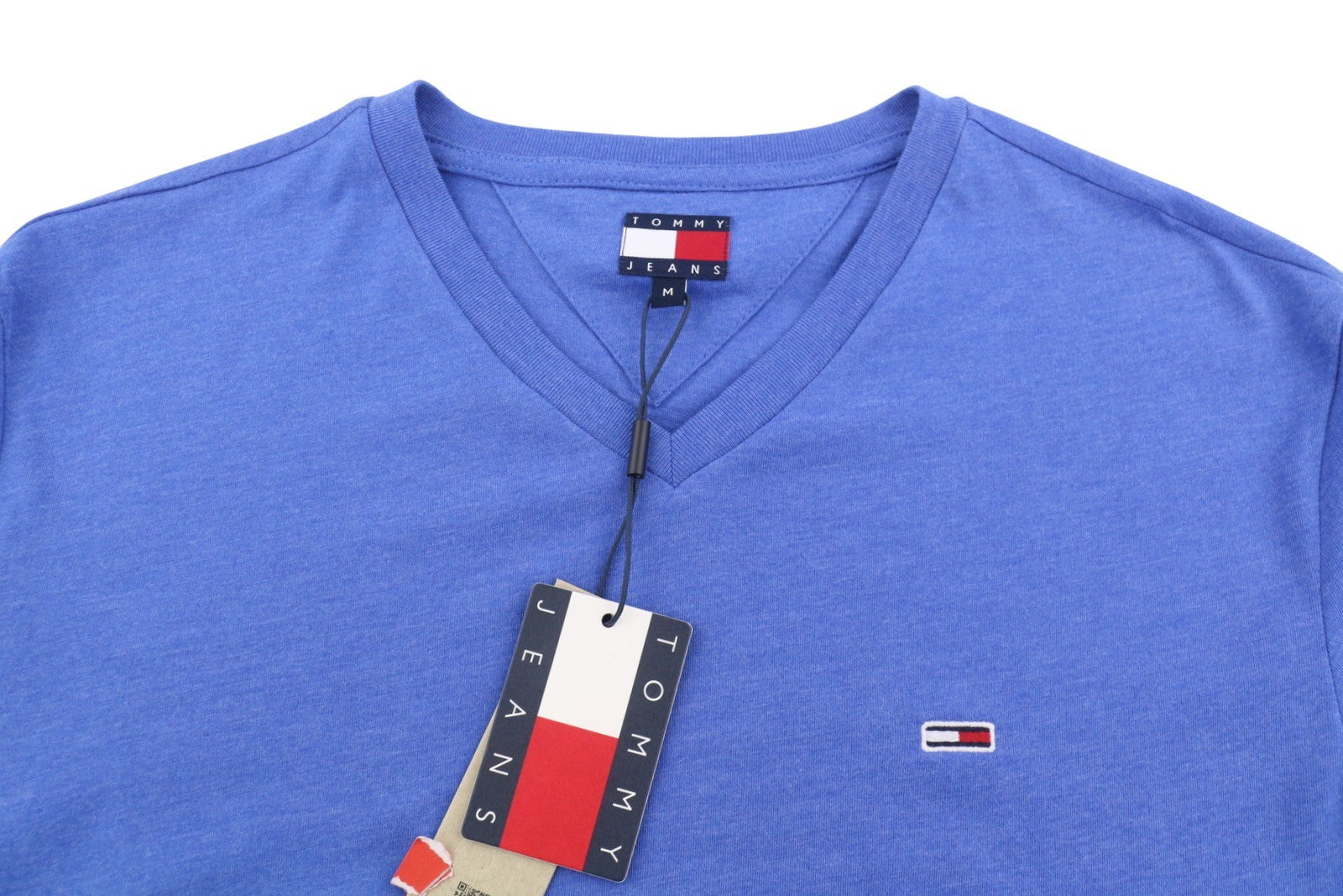 TOMMY HILFIGER Slim Jaspe Men T-Shirt M Blue Melange V-Neck Tricot Short Sleeve