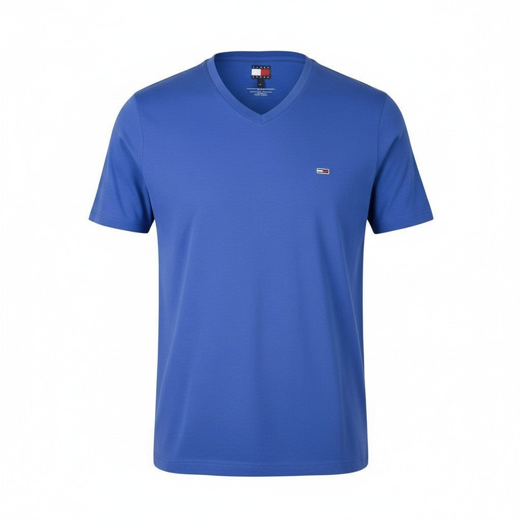 TOMMY HILFIGER Slim Jaspe Men T-Shirt L Blue Melange V-Neck Tricot Short Sleeve