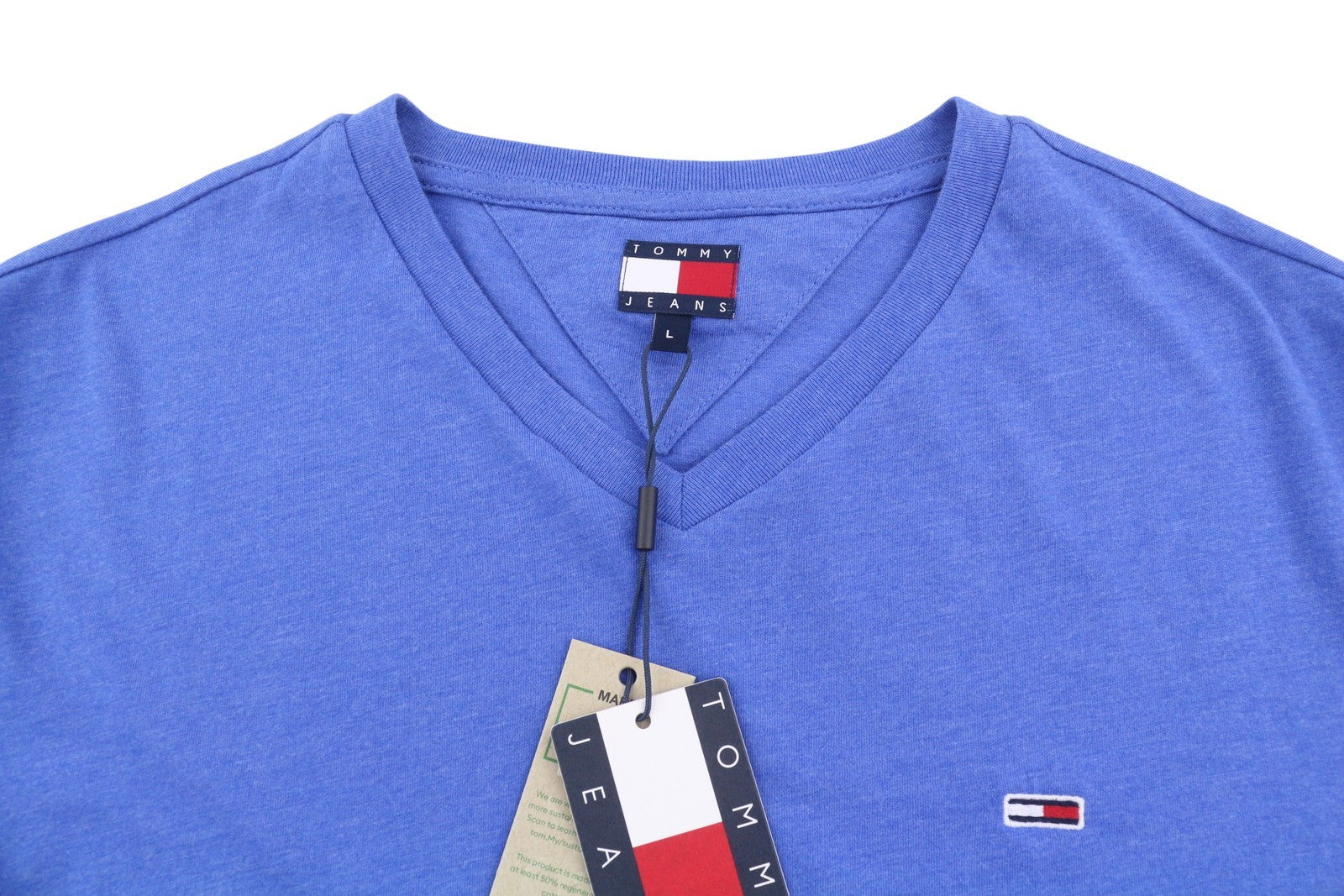 TOMMY HILFIGER Slim Jaspe Men T-Shirt L Blue Melange V-Neck Tricot Short Sleeve