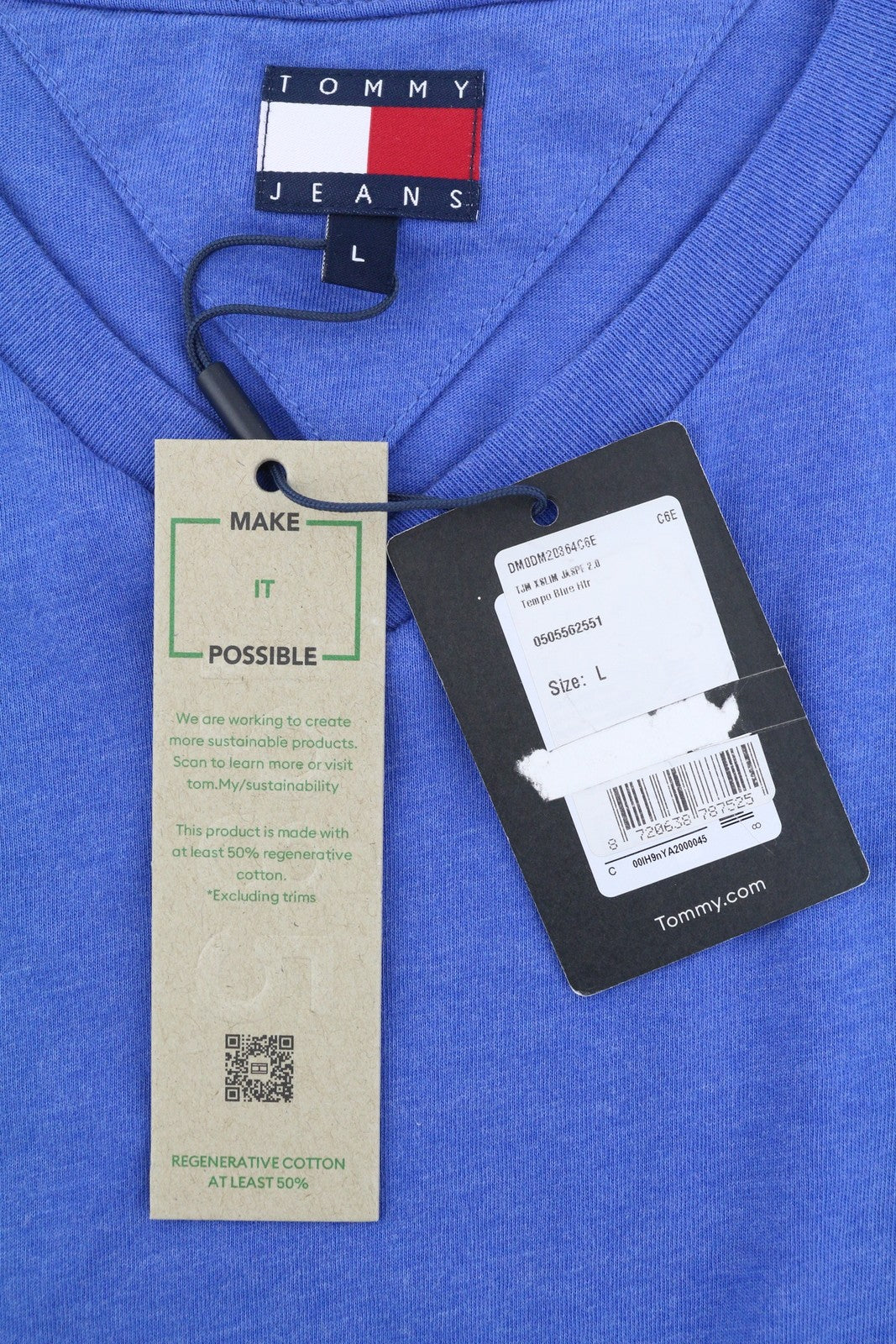 TOMMY HILFIGER Slim Jaspe Men T-Shirt L Blue Melange V-Neck Tricot Short Sleeve