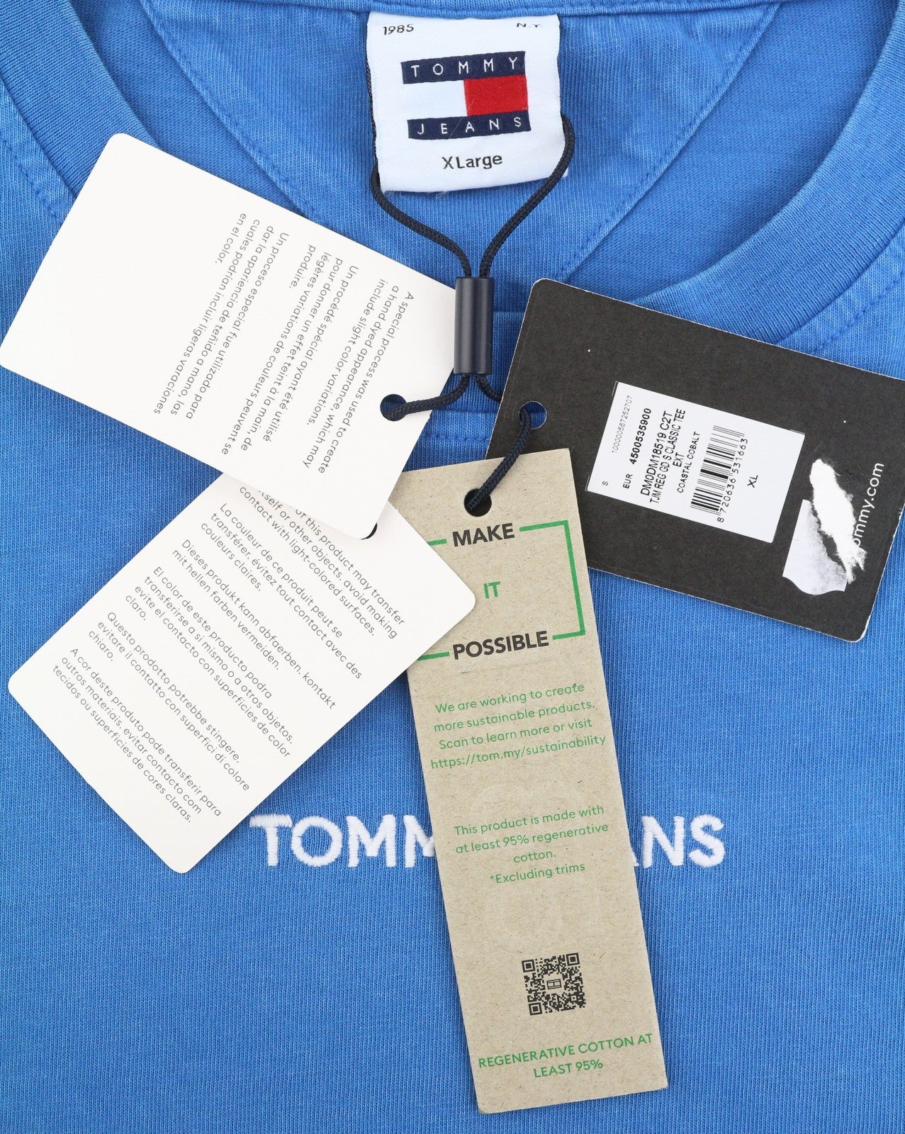 TOMMY HILFIGER Men T-Shirt XL Blue Crew Neck Front Logo Tricot Short Sleeve