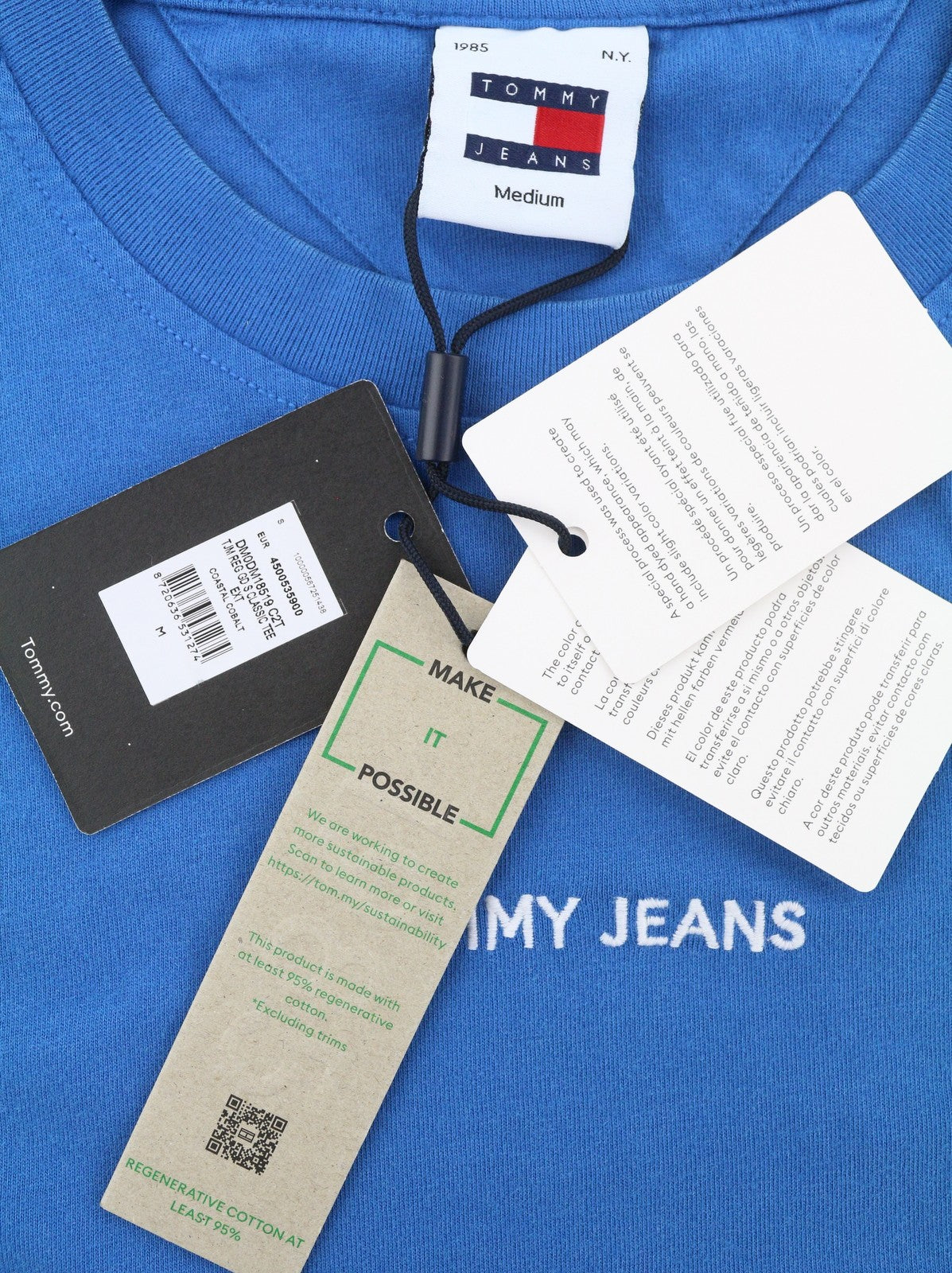 TOMMY HILFIGER Men T-Shirt M Blue Crew Neck Front Logo Tricot Short Sleeve