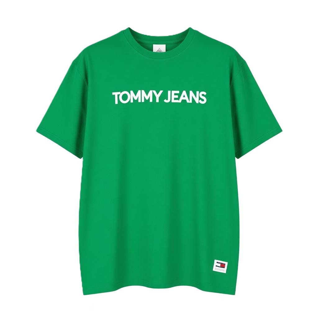 TOMMY HILFIGER Men T-Shirt XL Green Crew Neck Front Logo Tricot Short Sleeve