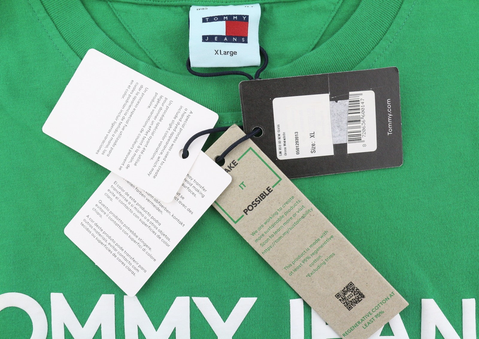 TOMMY HILFIGER Men T-Shirt XL Green Crew Neck Front Logo Tricot Short Sleeve