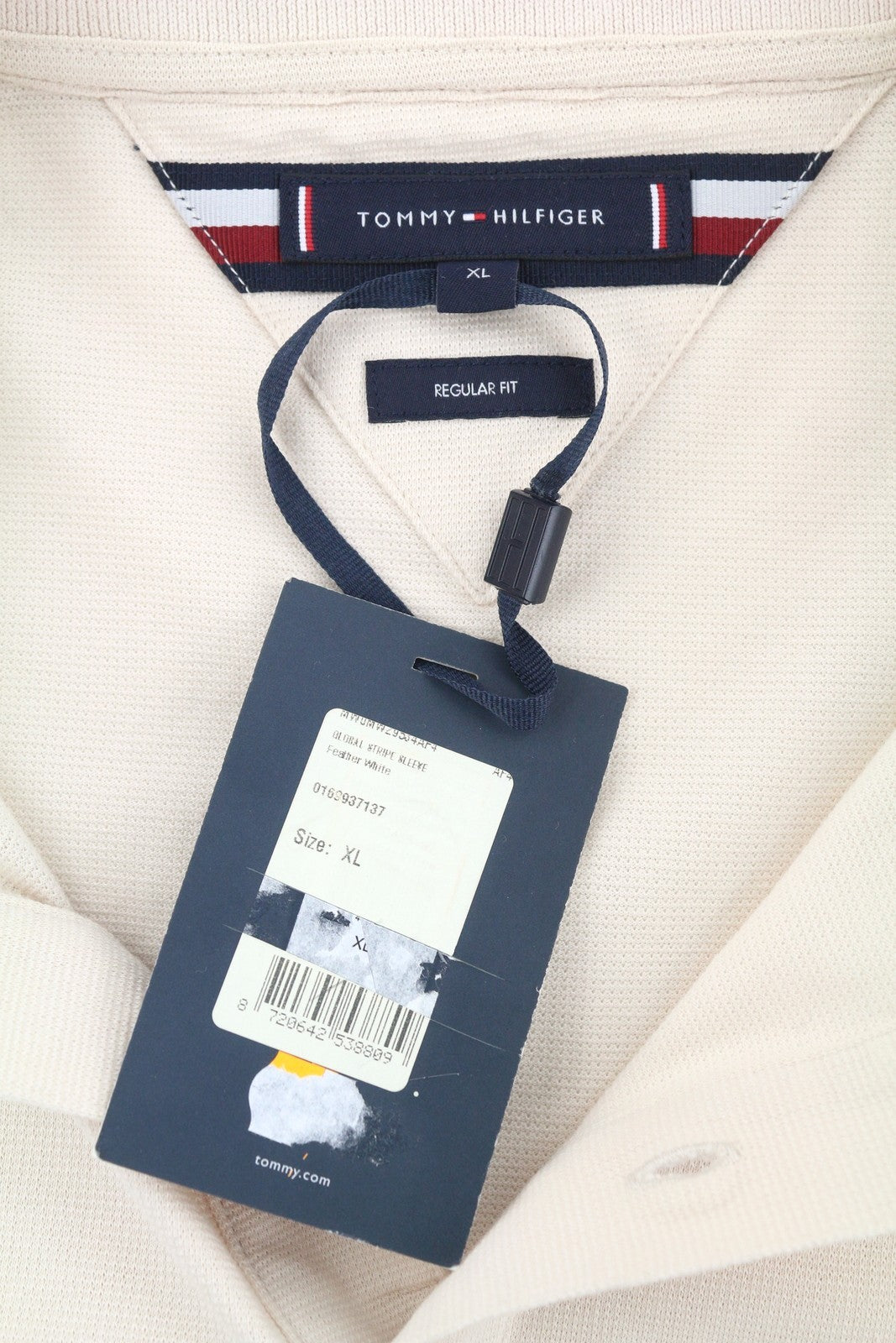 TOMMY HILFIGER Global Stripe Sleeve Men Polos XL Feather White Short Sleeve