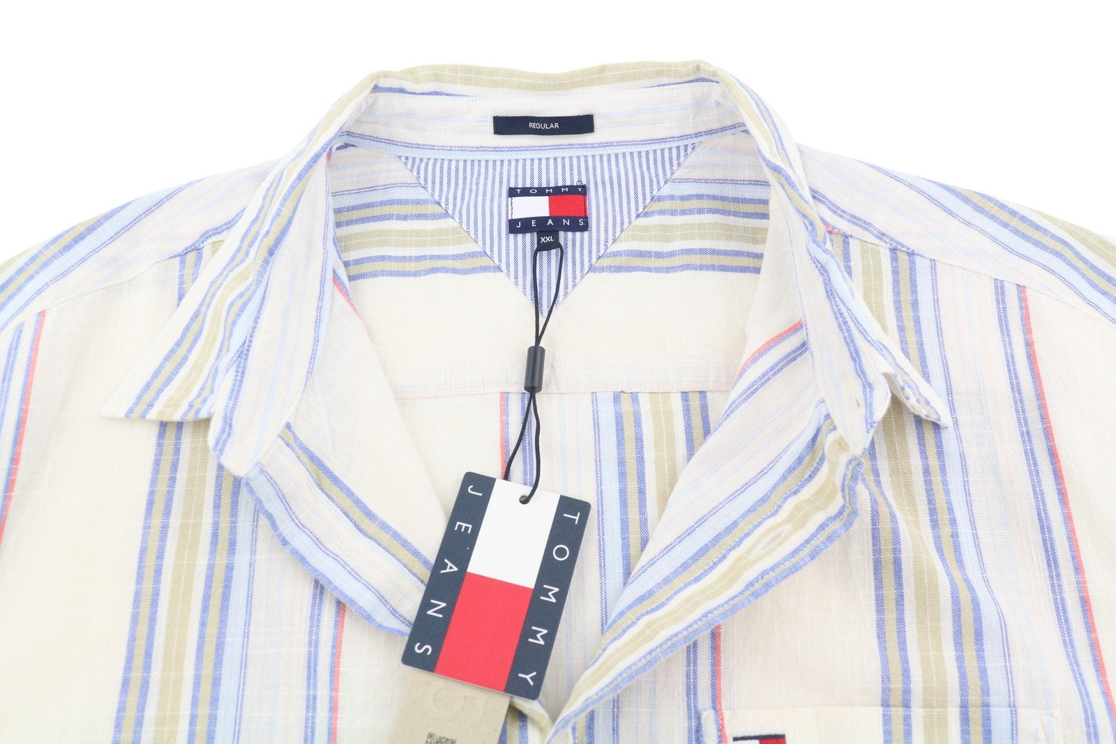 TOMMY HILFIGER Reg Slub Stripe Men Shirt 2XL Colourful Spread Neck Short Sleeve