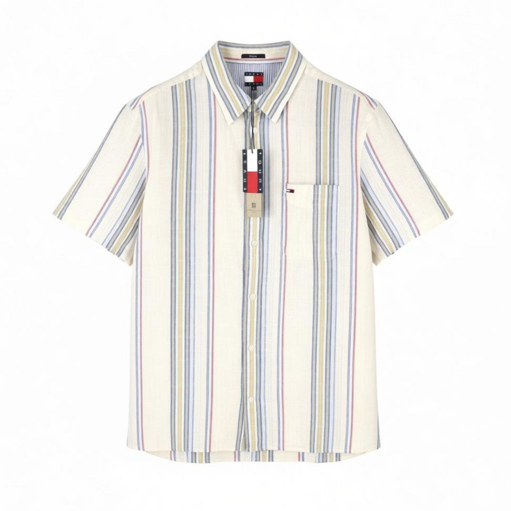 TOMMY HILFIGER Reg Slub Stripe Men Shirt M Colourful Spread Neck Short Sleeve