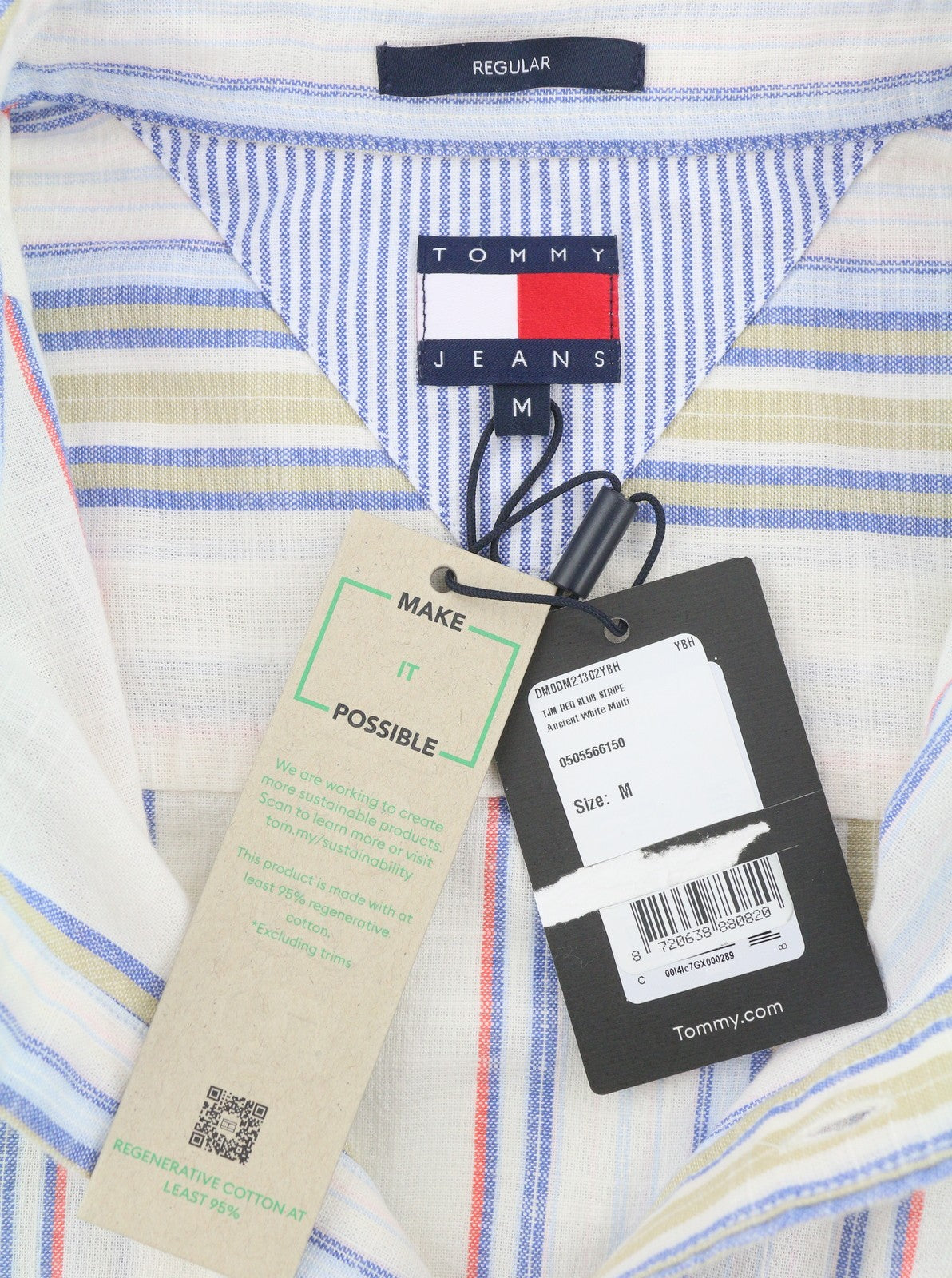 TOMMY HILFIGER Reg Slub Stripe Men Shirt M Colourful Spread Neck Short Sleeve