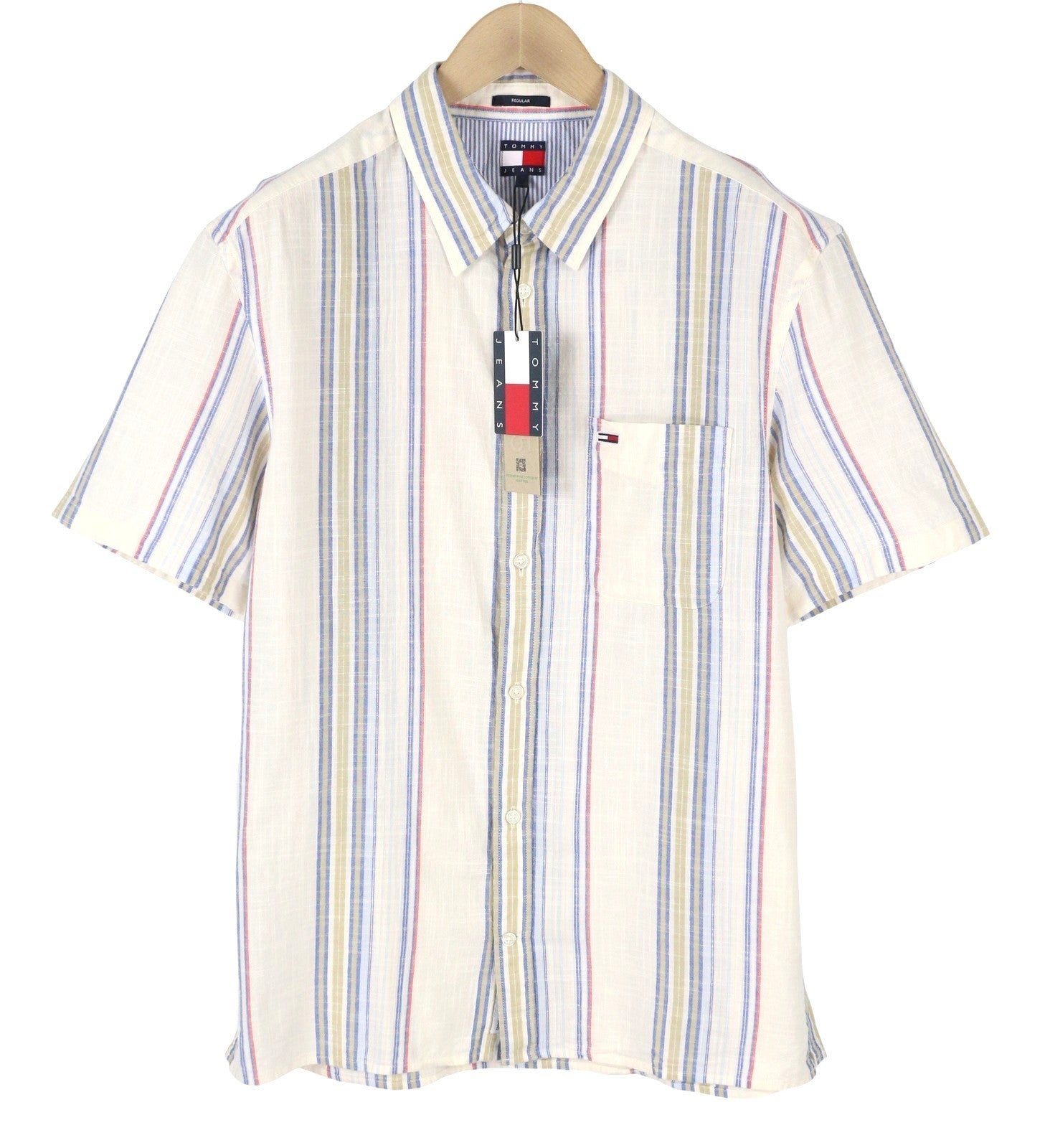 TOMMY HILFIGER Reg Slub Stripe Men Shirt L Colourful Spread Neck Short Sleeve