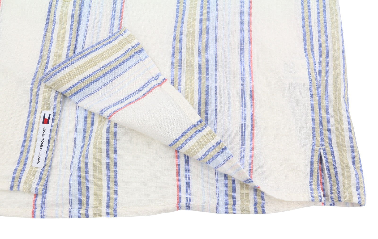 TOMMY HILFIGER Reg Slub Stripe Men Shirt L Colourful Spread Neck Short Sleeve