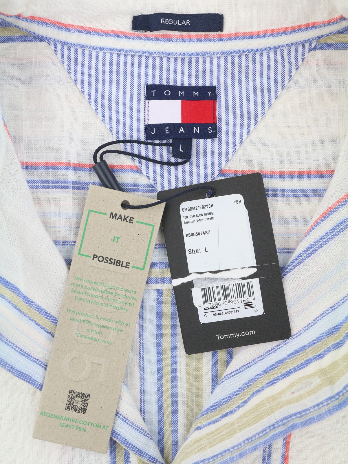 TOMMY HILFIGER Reg Slub Stripe Men Shirt L Colourful Spread Neck Short Sleeve