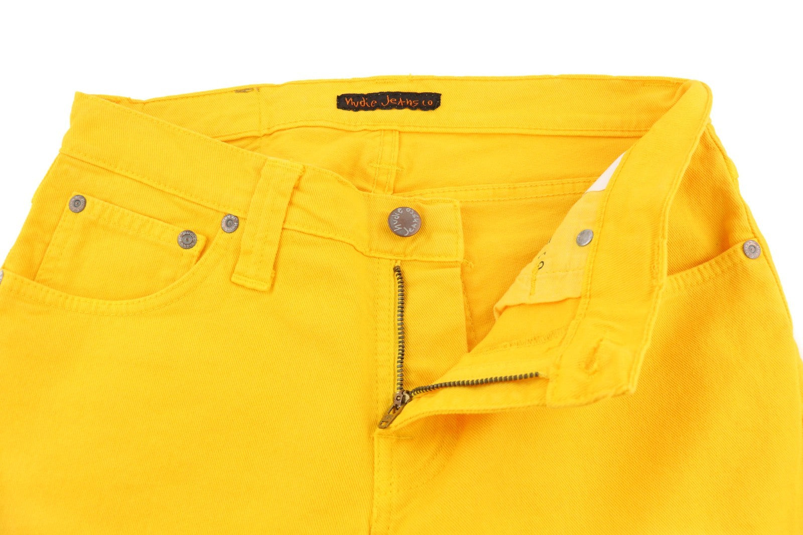 NUDIE JEANS Super Slim Kim Men's W28/L33 Yellow Denim Slim Fit Zip Logo Jeans