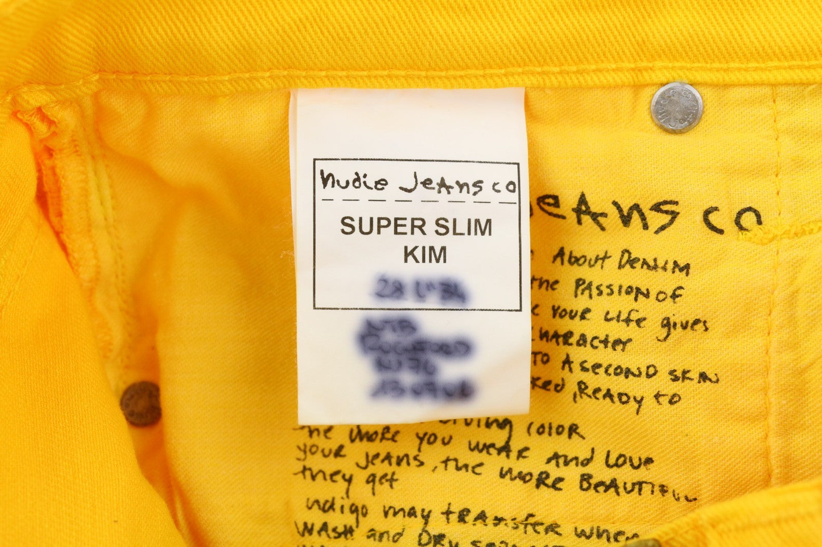 NUDIE JEANS Super Slim Kim Men's W28/L33 Yellow Denim Slim Fit Zip Logo Jeans