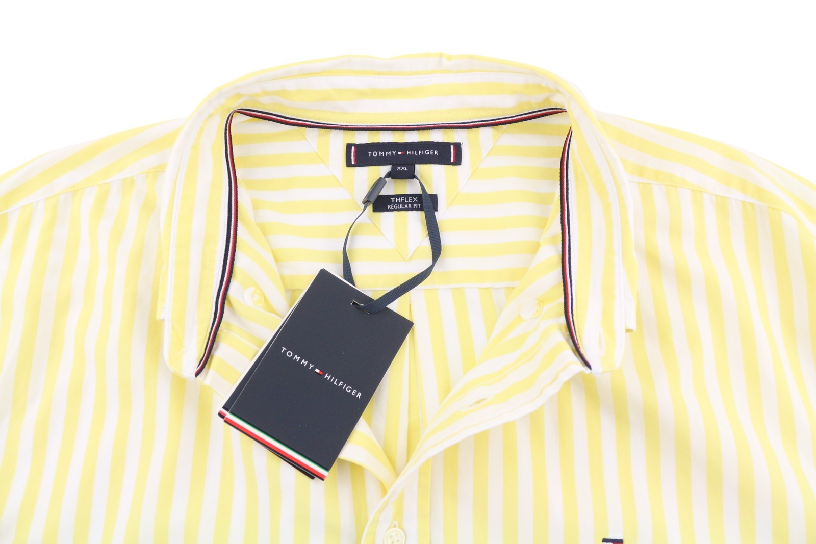 TOMMY HILFIGER THFlex Poplin Bold Men Shirt 2XL Yellow Striped Button-Down Neck