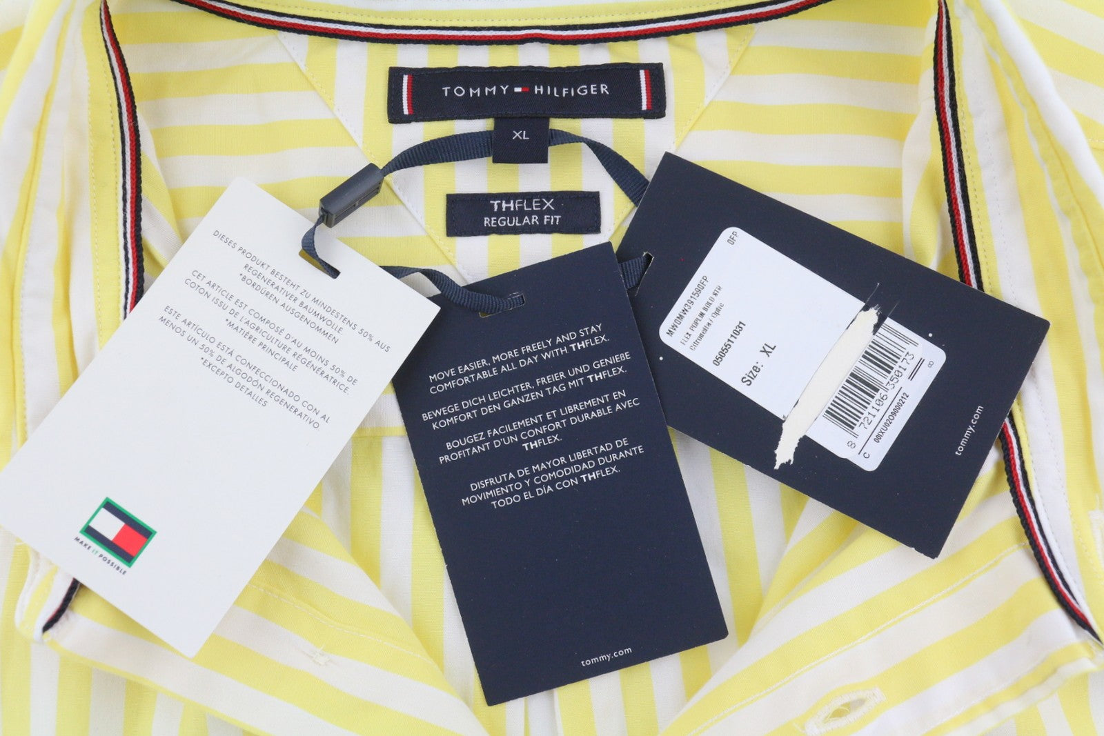 TOMMY HILFIGER THFlex Poplin Bold Men Shirt XL Yellow Striped Button-Down Neck