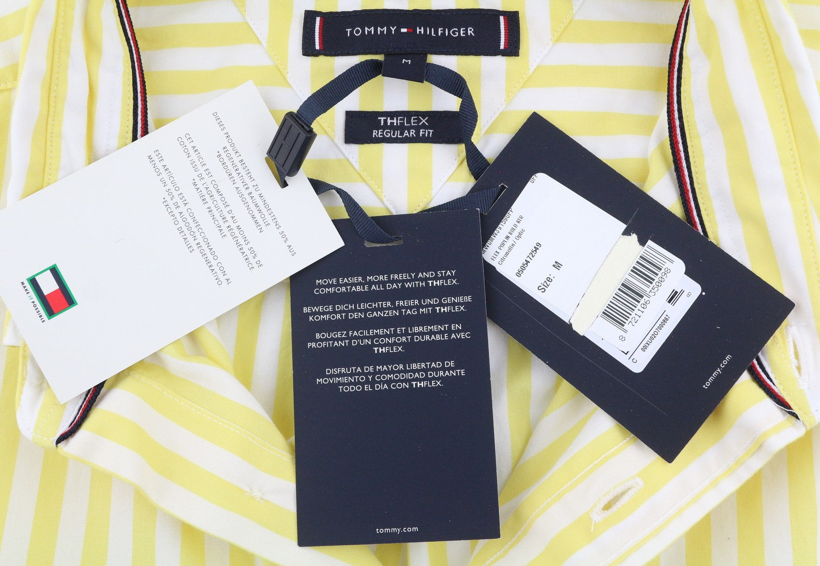 TOMMY HILFIGER THFlex Poplin Bold Men Shirt M Yellow Striped Button-Down Neck