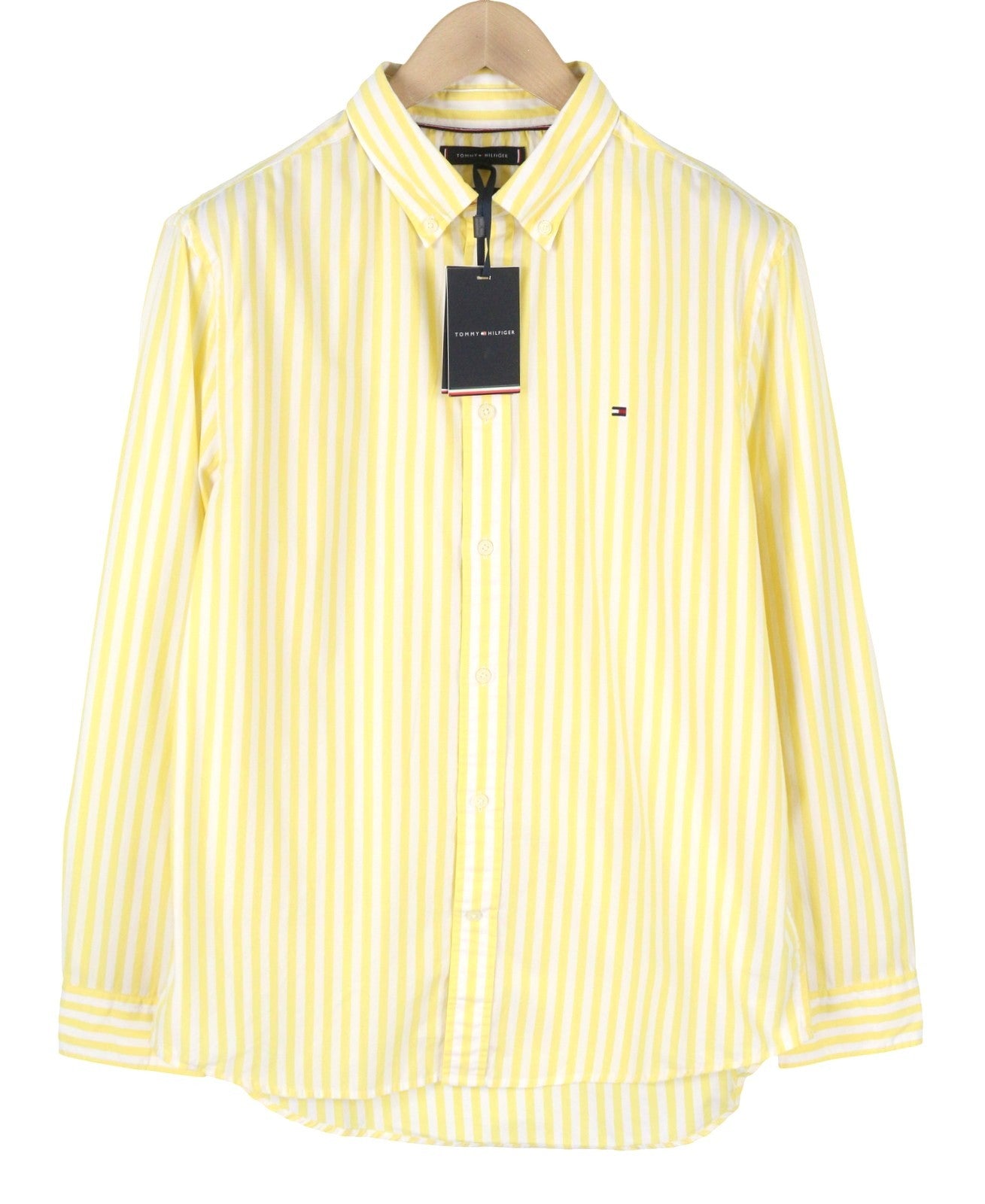 TOMMY HILFIGER THFlex Poplin Bold Men Shirt M Yellow Striped Button-Down Neck