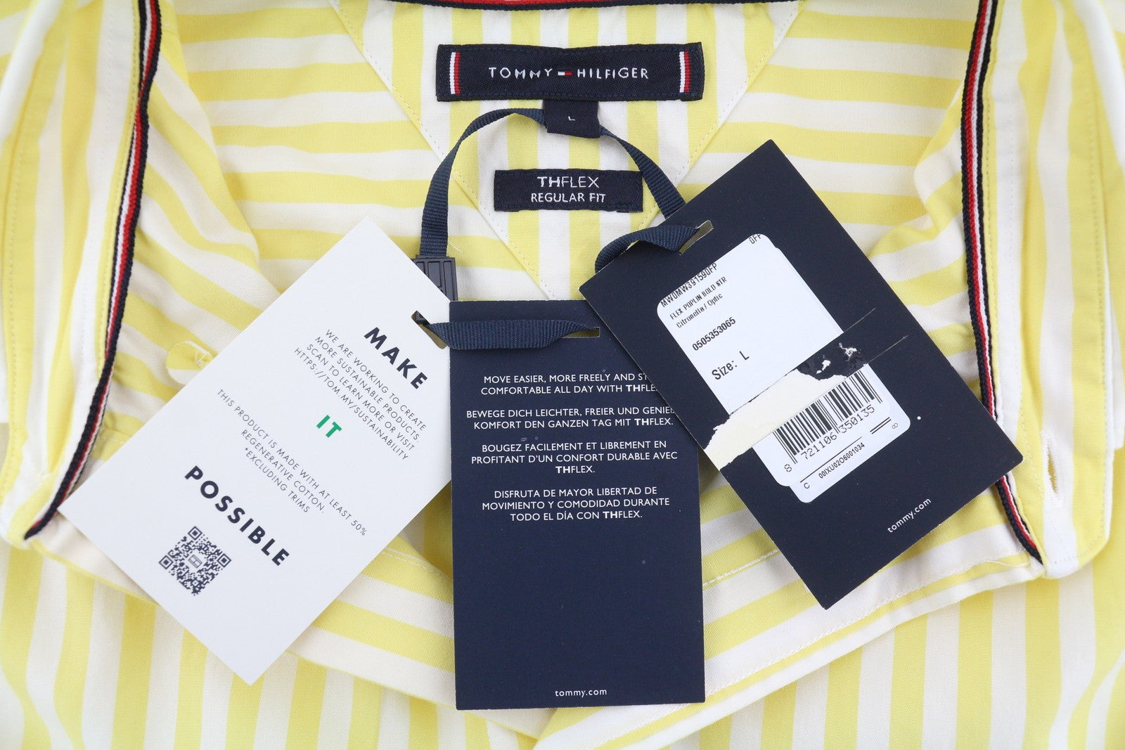 TOMMY HILFIGER THFlex Poplin Bold Men Shirt L Yellow Striped Button-Down Neck