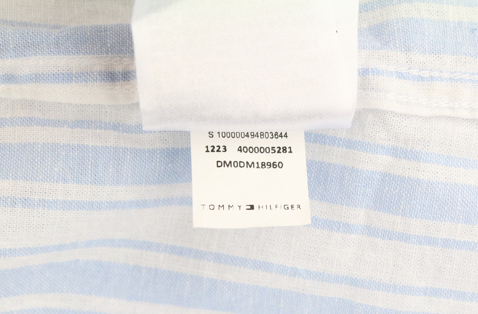 TOMMY HILFIGER Mao Stripe Linen Men Shirt M Blue Mandarin Neck Patch Pocket