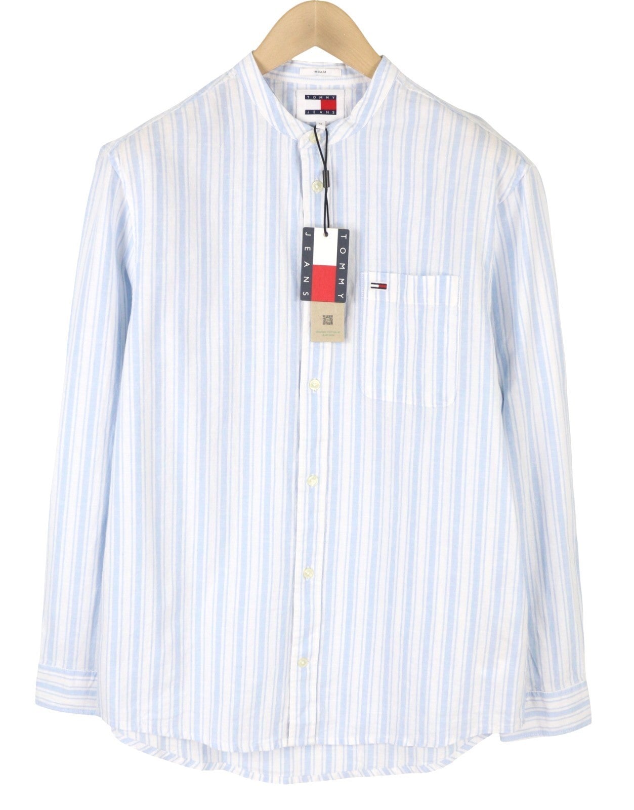 TOMMY HILFIGER Mao Stripe Linen Men Shirt M Blue Mandarin Neck Patch Pocket