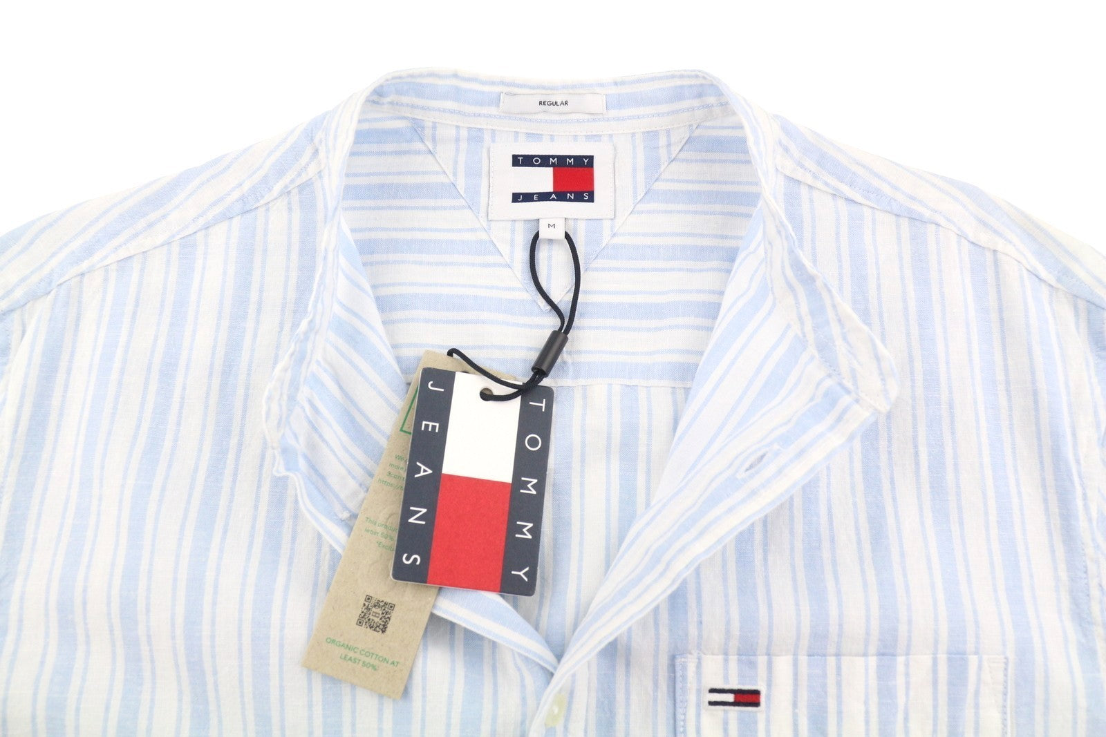 TOMMY HILFIGER Mao Stripe Linen Men Shirt M Blue Mandarin Neck Patch Pocket