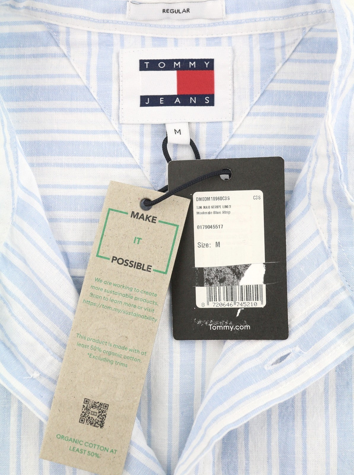 TOMMY HILFIGER Mao Stripe Linen Men Shirt M Blue Mandarin Neck Patch Pocket
