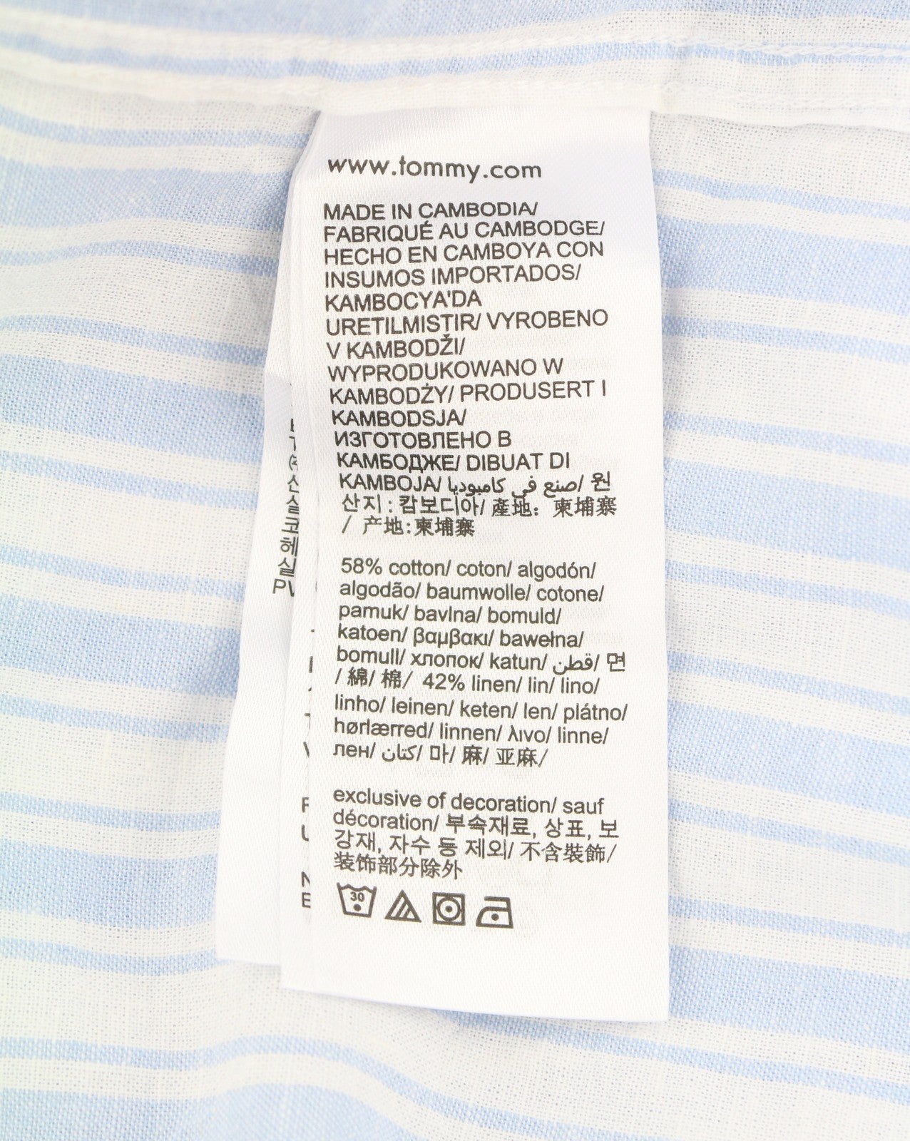 TOMMY HILFIGER Mao Stripe Linen Men Shirt M Blue Mandarin Neck Patch Pocket