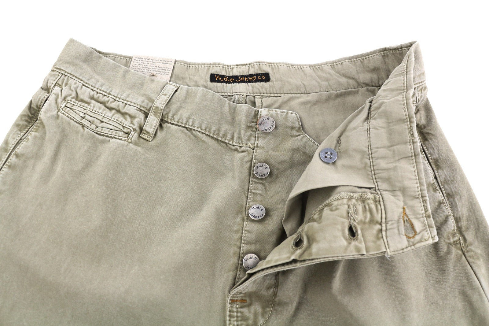 NUDIE JEANS Khaki Regular Men's W29/L32 Beige Chino Button Pocket Logo Pants