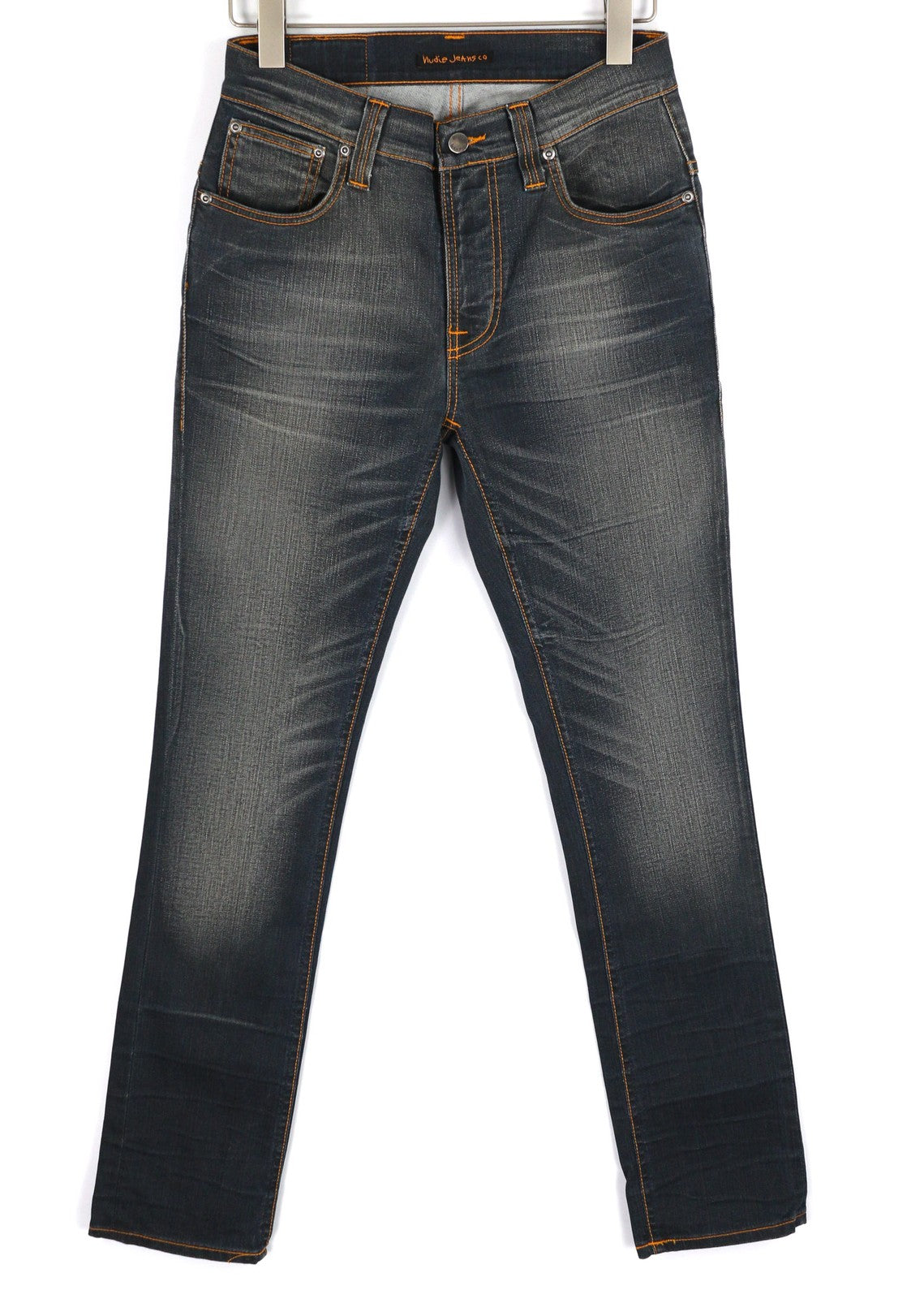 NUDIE JEANS Thin Finn Men's Jeans W32/L32 Grey Authent Dark Wash Zip Logo