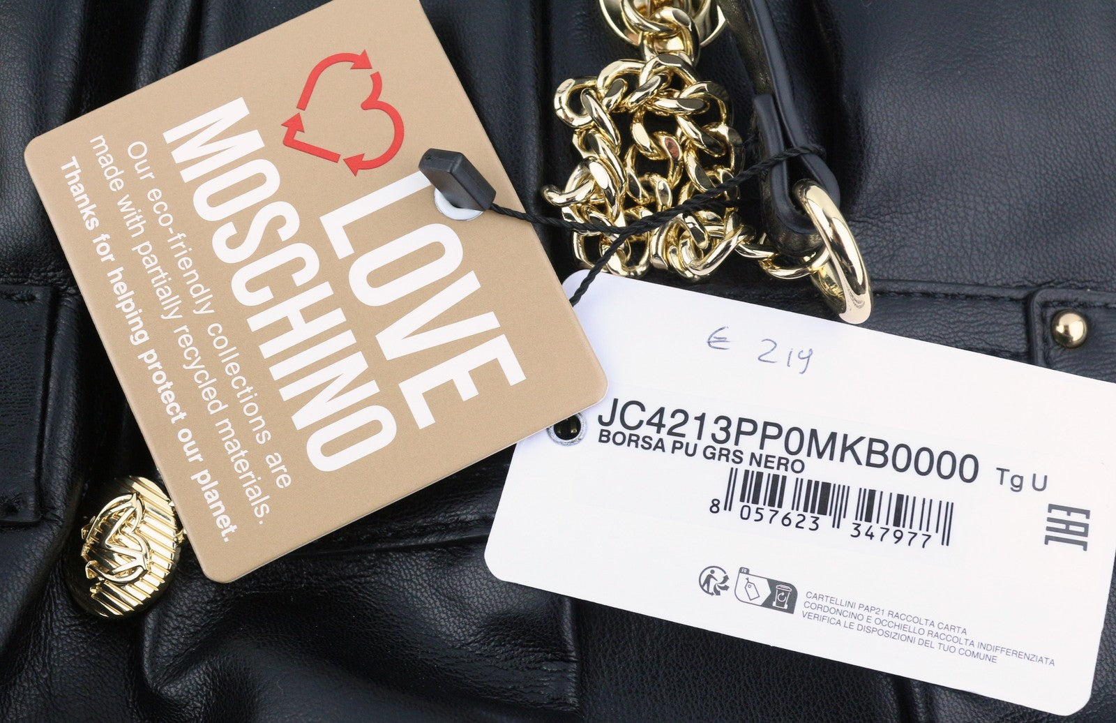 LOVE MOSCHINO Borsa PU Grs Nero Women Bag OS Gold Tone Double Handles RRP219